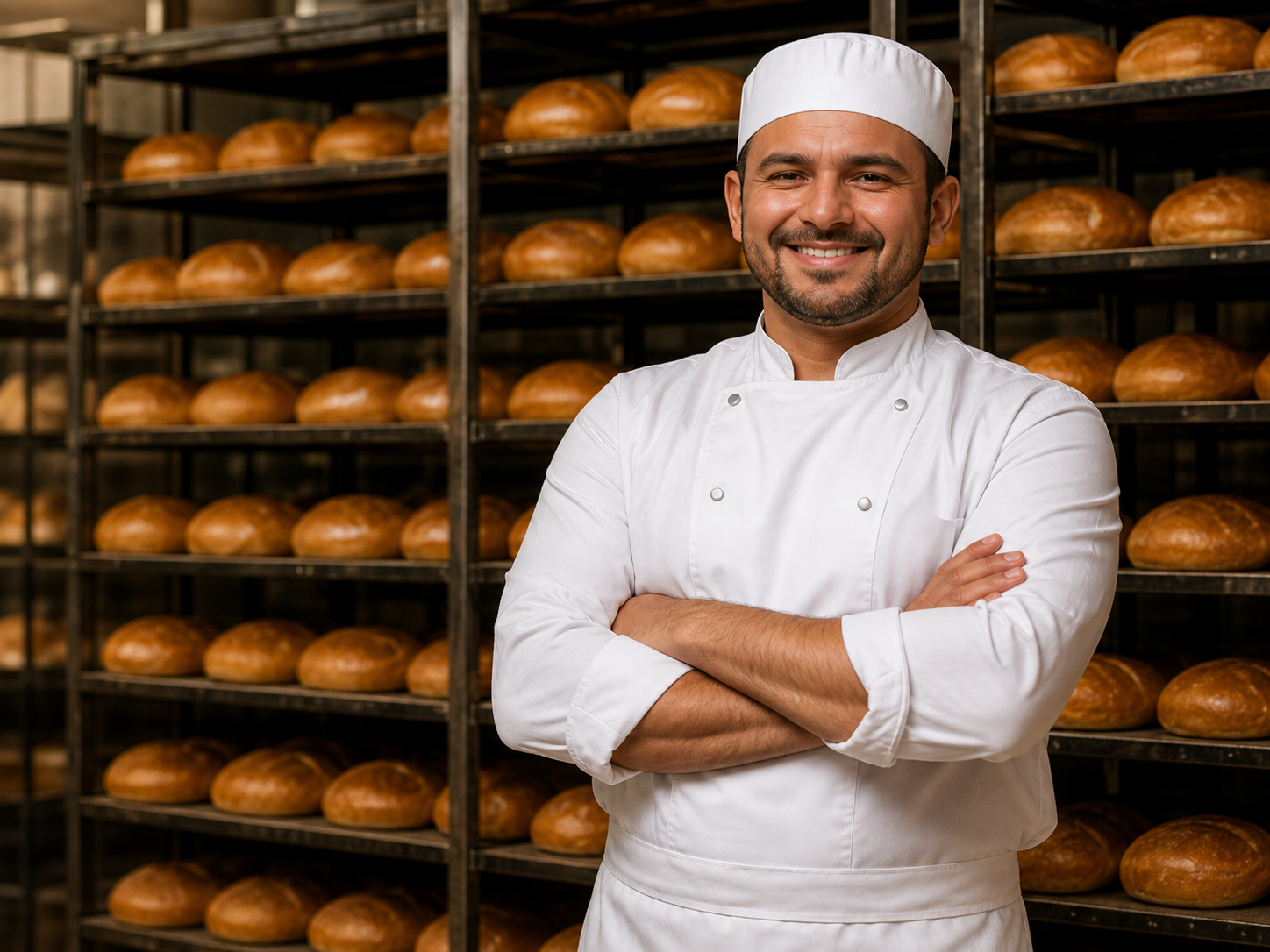 Panadero en panadería con producción diaria de pan